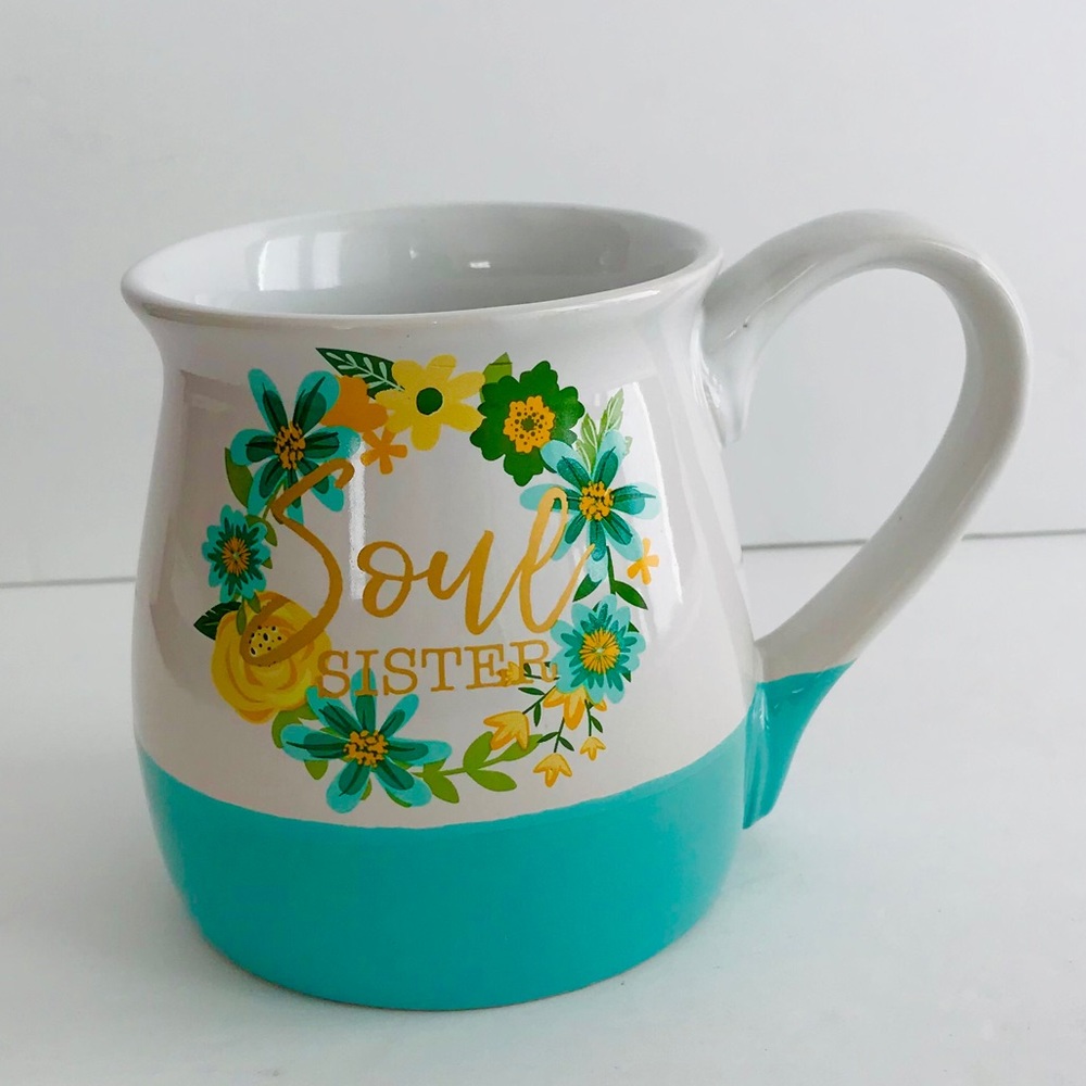 Boston Warehouse Soul Sister Belly Mug Floral Blue Green Cream Flowers Turquoise